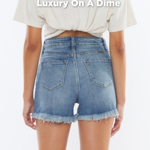 KanCan High Rise Waist Distressed Torn Denim Cut-off Frayed Hem Blue Jean Shorts - Picture 7 of 15